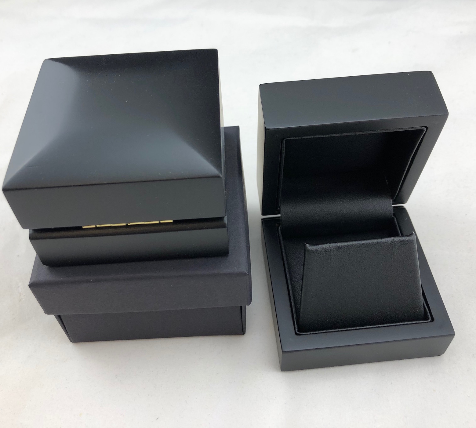 Midnight Elegance Earring Box with rear view showing the brass hinge